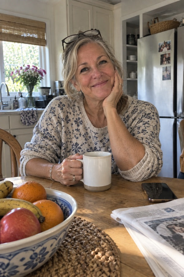 Customer photo of Barbara Reynolds in a patterned knit sweater at her kitchen table