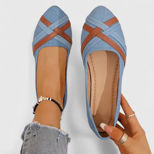 NATHALIE – CROSS-STRAP DENIM FLATS