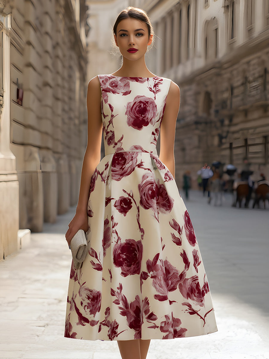 Floral Sleeveless A-Line Cotton-Blend Midi Dress