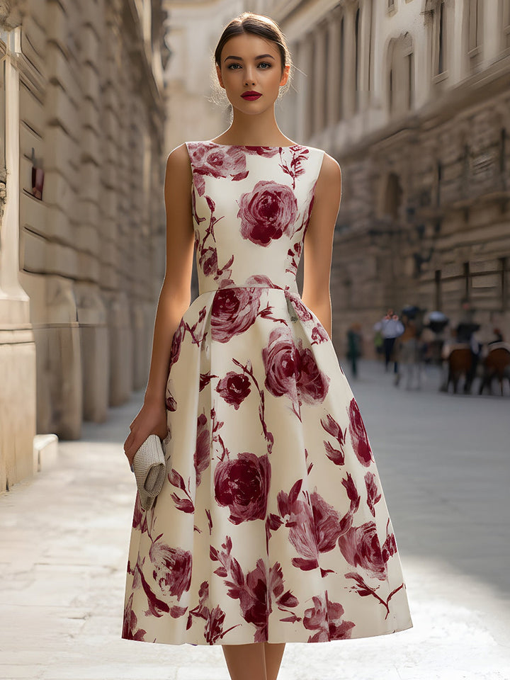 Floral Sleeveless A-Line Cotton-Blend Midi Dress