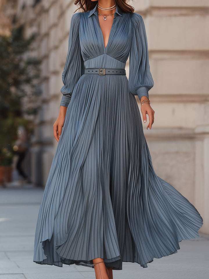 Steel Blue Pleated Midi Dress