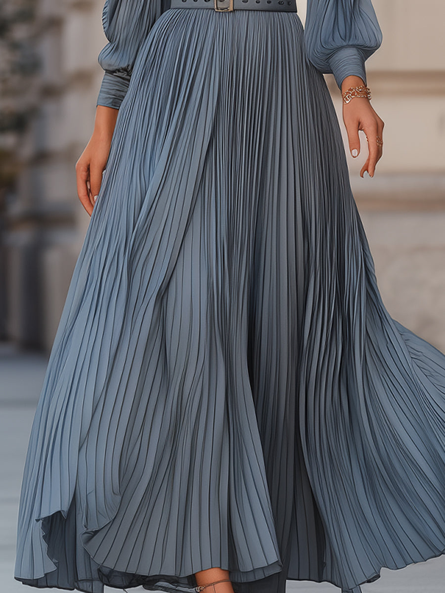 Steel Blue Pleated Midi Dress