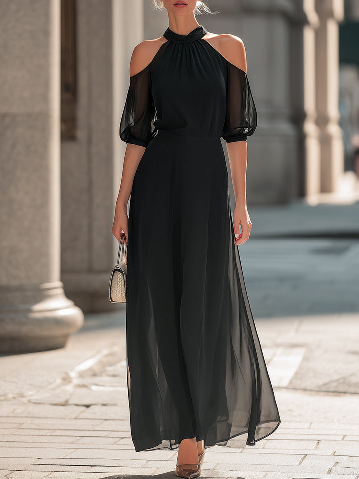 Off-Shoulder Halterneck Sheer Layered Dress