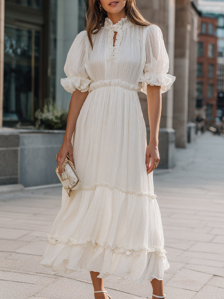 Ruffled High Neck Tiered Midi Dress