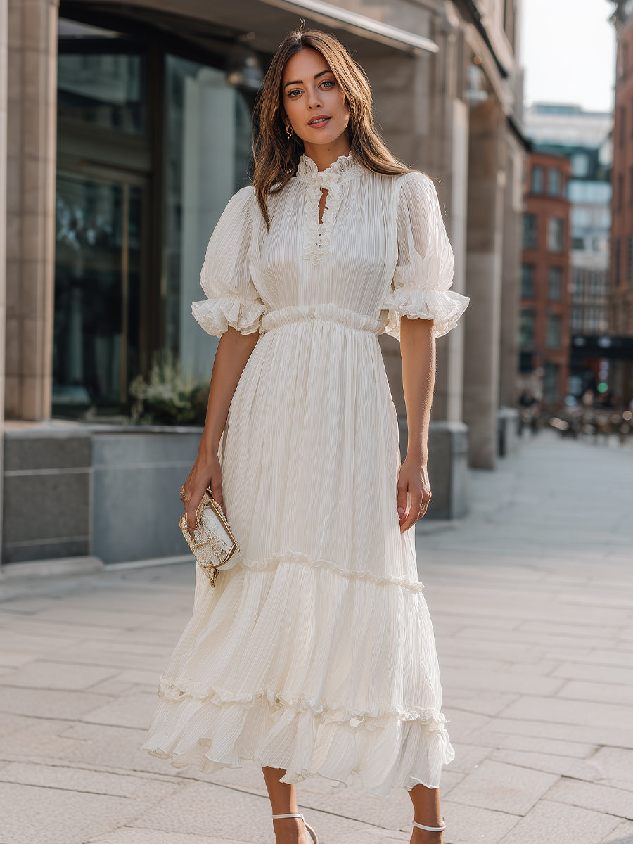 Ruffled High Neck Tiered Midi Dress