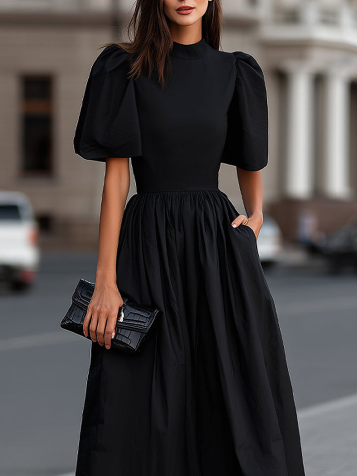 High Neck Puff Sleeve Gathered Waist Midi Dress