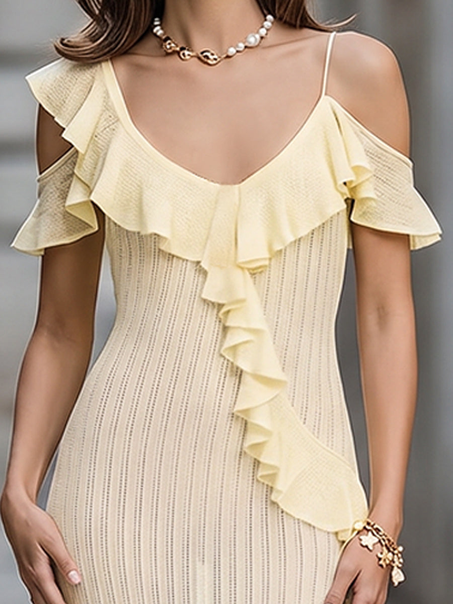 Ruffled Cold-Shoulder Knit Bodycon Midi Dress