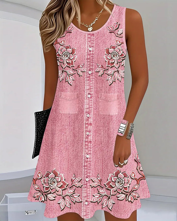 ARIEL – SLEEVELESS FLORAL BUTTON DRESS