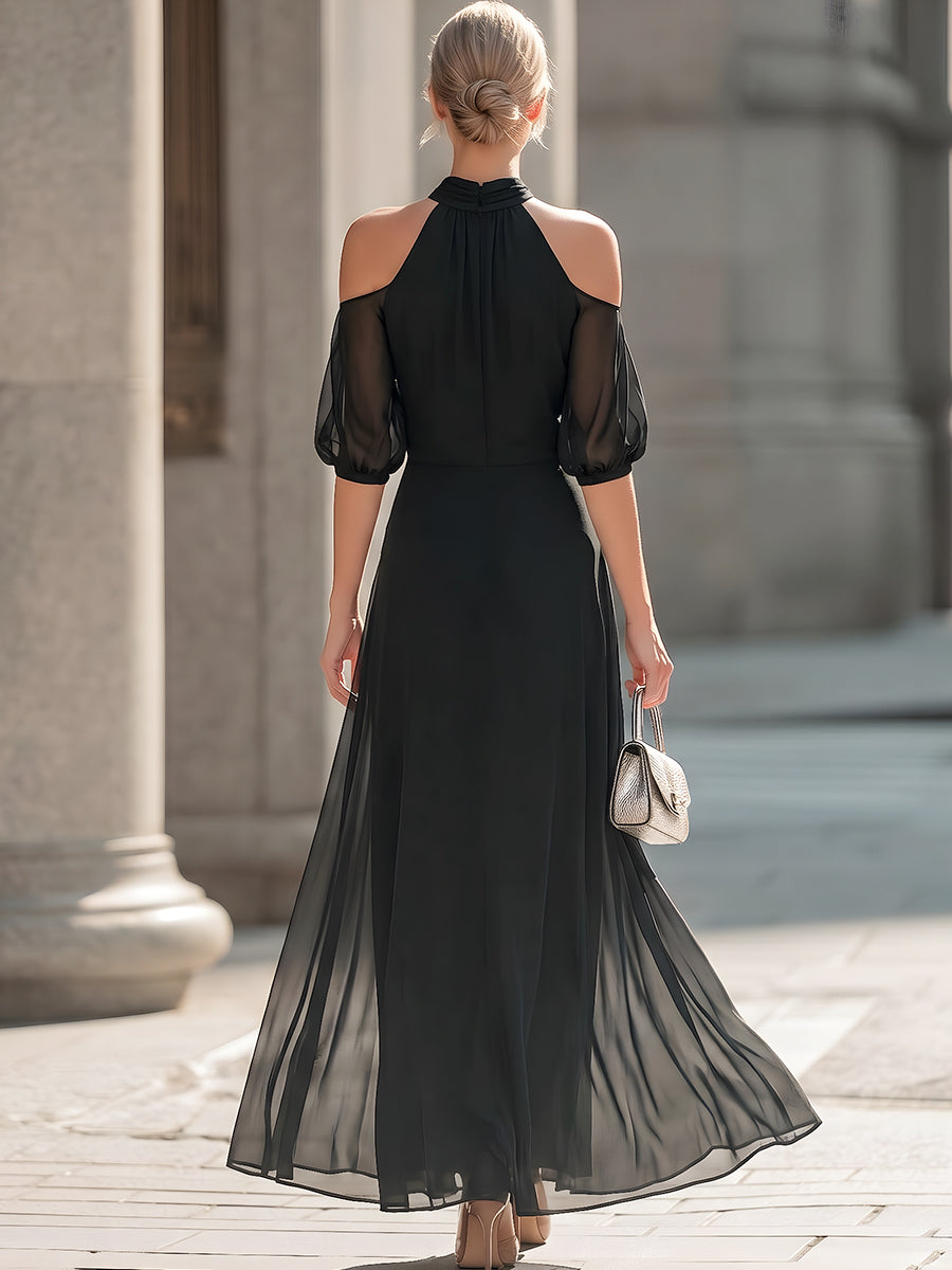 Off-Shoulder Halterneck Sheer Layered Dress