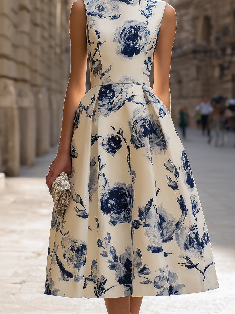 Floral Sleeveless A-Line Cotton-Blend Midi Dress