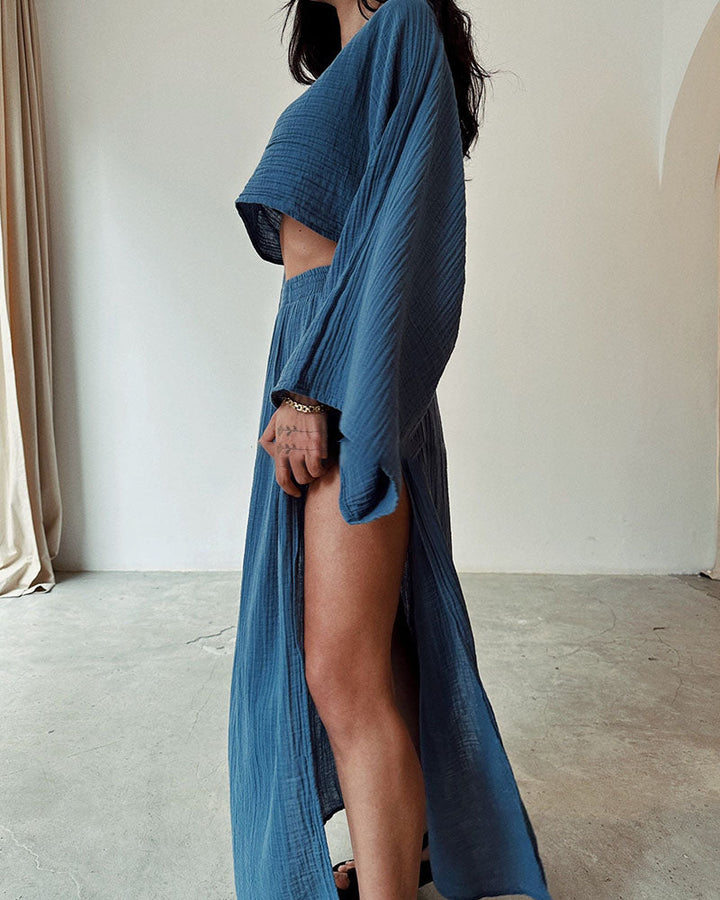 Stylish Polyester and Linen Split Two-Piece Set