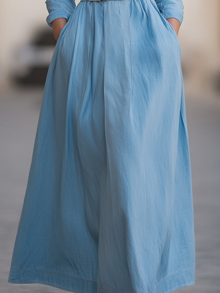 Classic Belted Denim Shirt Dress With Full Skirt
