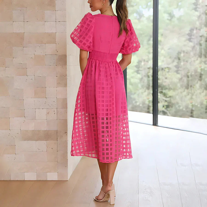 Caelis | Classic Patterned Puff Sleeve Midi Dress