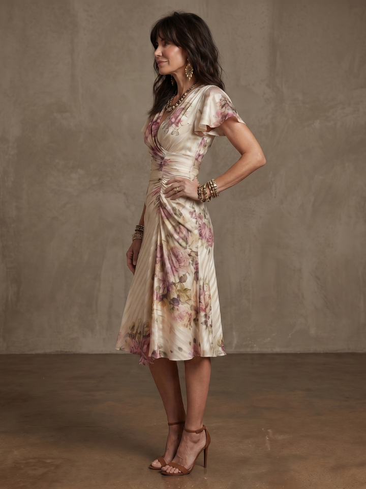Sina | Floral Wrap Ruched Midi Dress