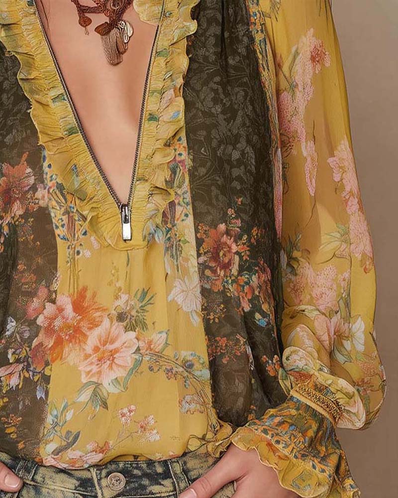 LILLIAN – ROMANTIC FLORAL ZIP BLOUSE