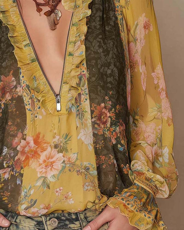 LILLIAN – ROMANTIC FLORAL ZIP BLOUSE