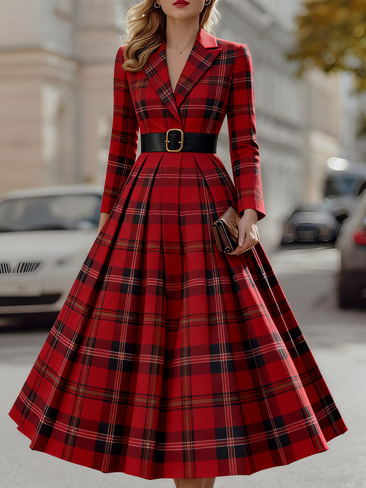 Statement Red Plaid Trench Dress With Gold Buckle Belt