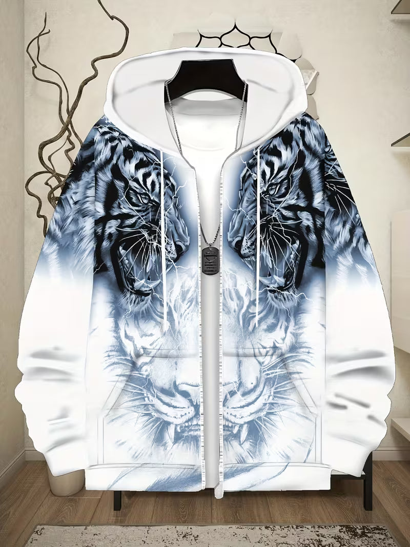 Luciano - Tiger Pattern Hooded Sweatshirt With Zipper