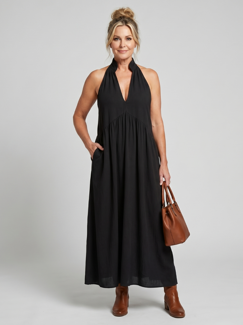 Adelina | Halter Neck Relaxed Flowing Silhouette Midi Dress