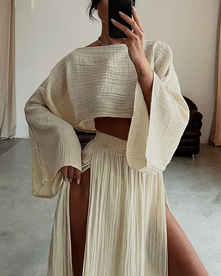 Stylish Polyester and Linen Split Two-Piece Set