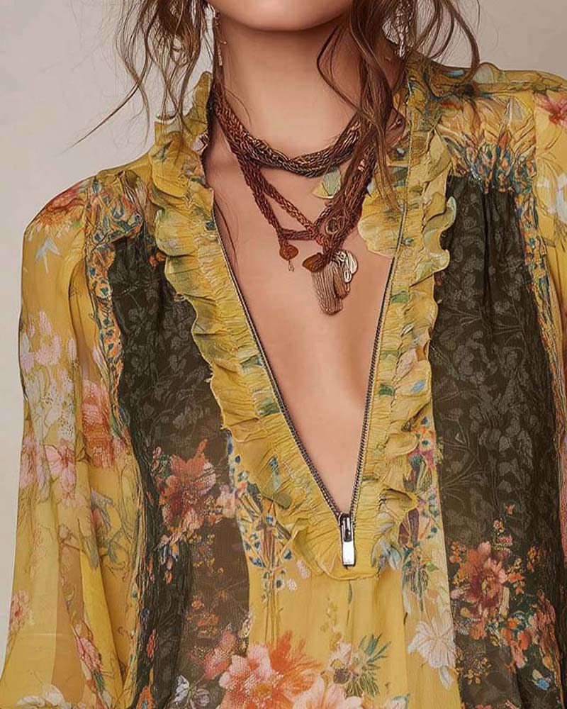 LILLIAN – ROMANTIC FLORAL ZIP BLOUSE