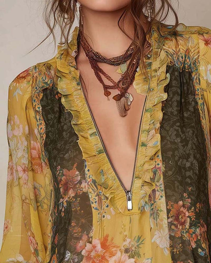 LILLIAN – ROMANTIC FLORAL ZIP BLOUSE
