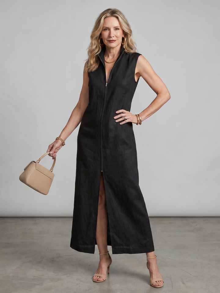Olive | High Collar Front Slit Midi Dress