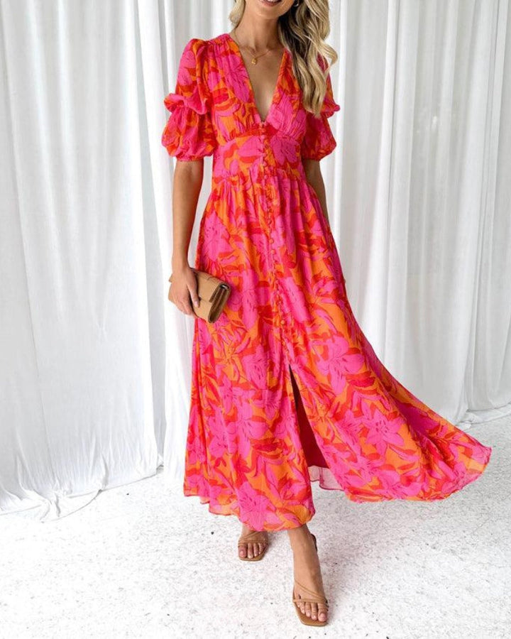 Zynelle | Elegant V-neck Puff Sleeve Maxi Dress