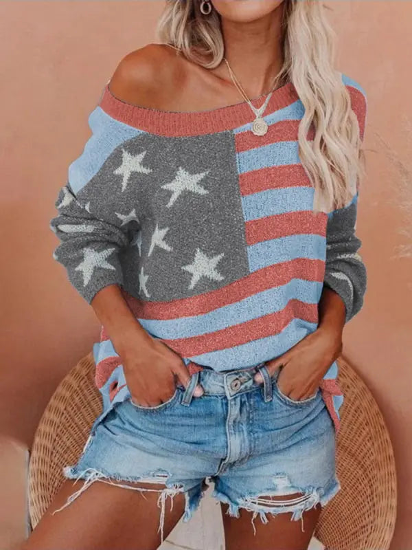 TATIANA – PATRIOTIC OFF-SHOULDER SWEATER