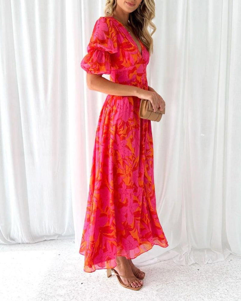 Zynelle | Elegant V-neck Puff Sleeve Maxi Dress