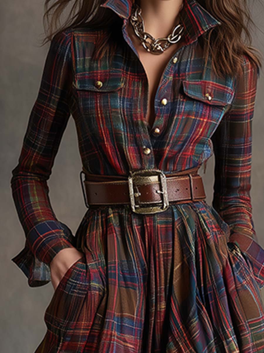 SIENNA – ELEGANT PLAID MAXI SHIRT DRESS