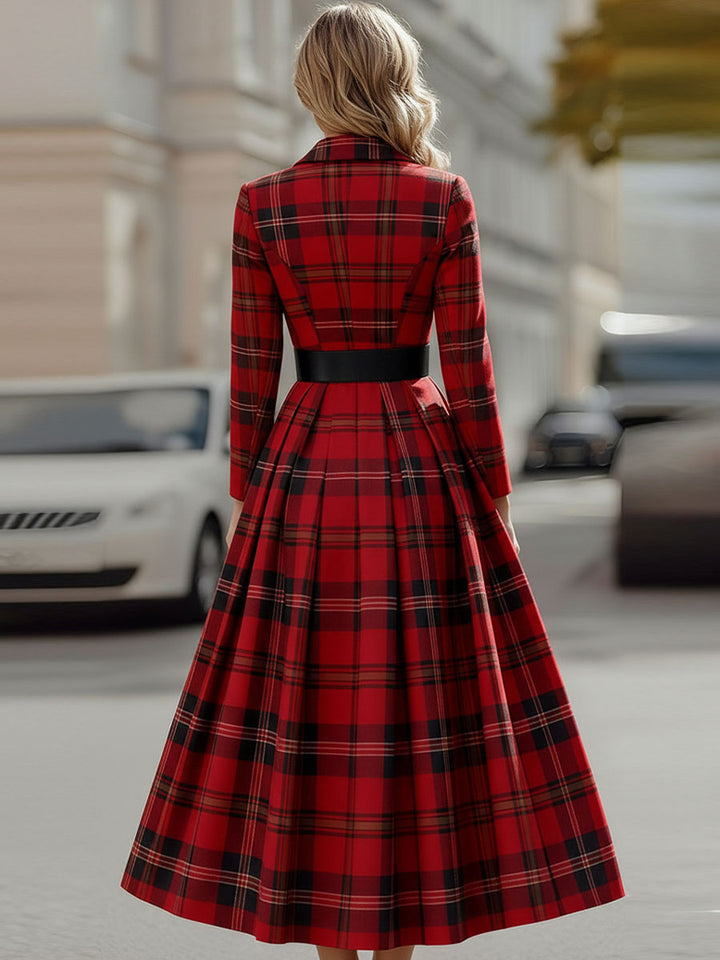 Statement Red Plaid Trench Dress With Gold Buckle Belt