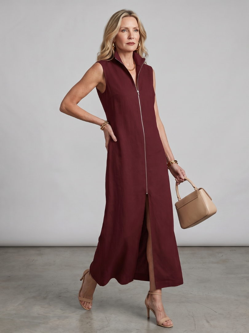 Olive | High Collar Front Slit Midi Dress