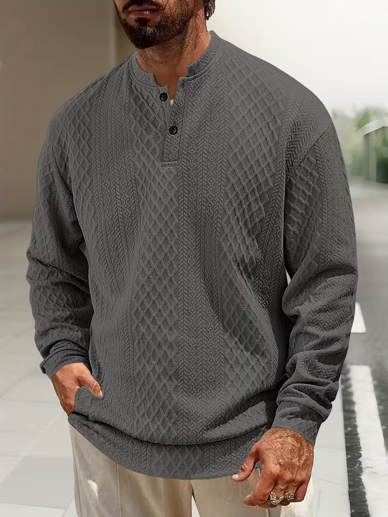 Mathew – Geometric Knitted Long Sleeve Henley Sweater
