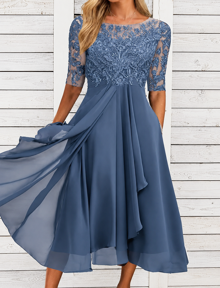 Olivine | Lace Bodice Sheer Sleeve Midi Dress