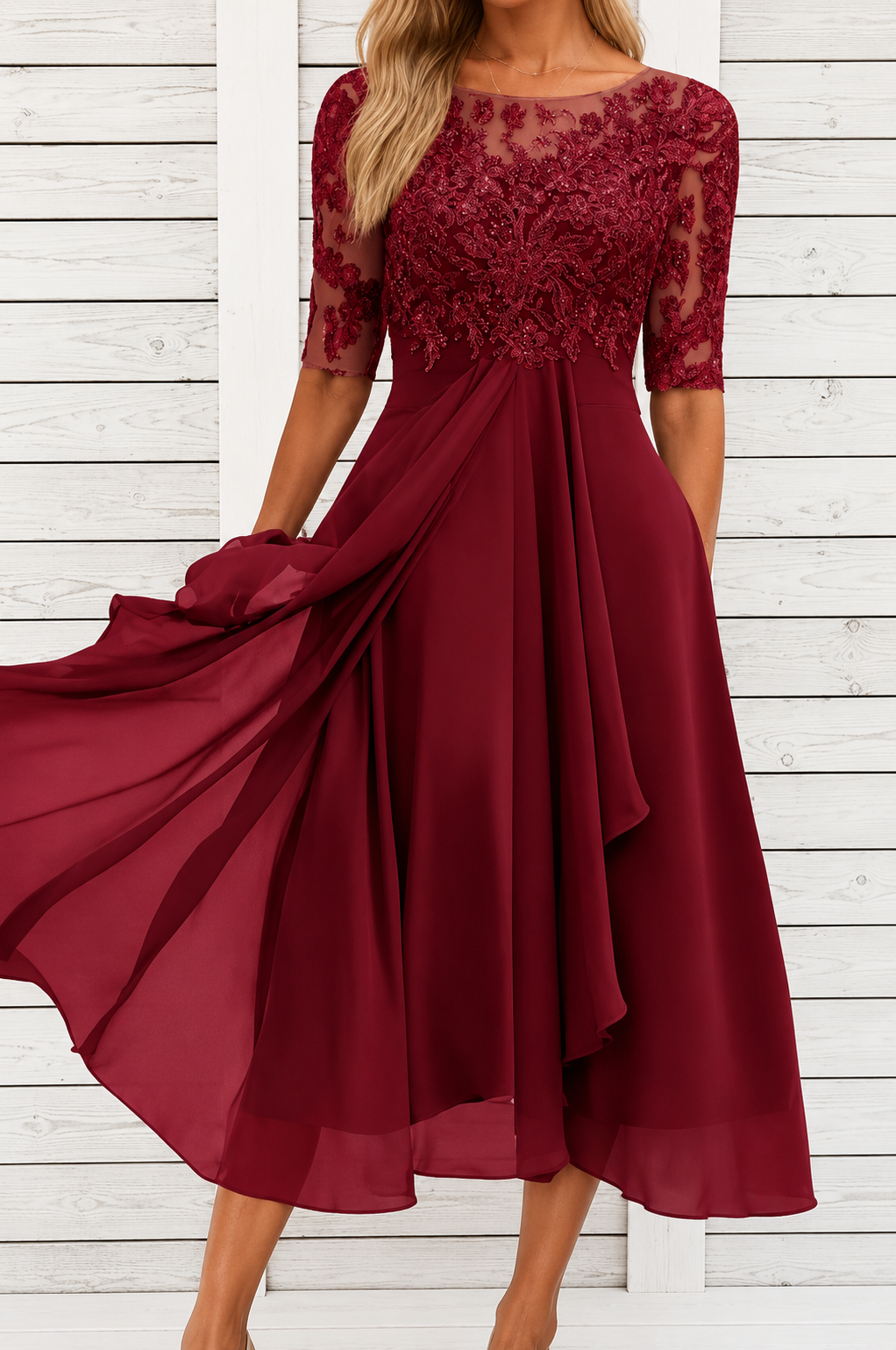 Olivine | Lace Bodice Sheer Sleeve Midi Dress