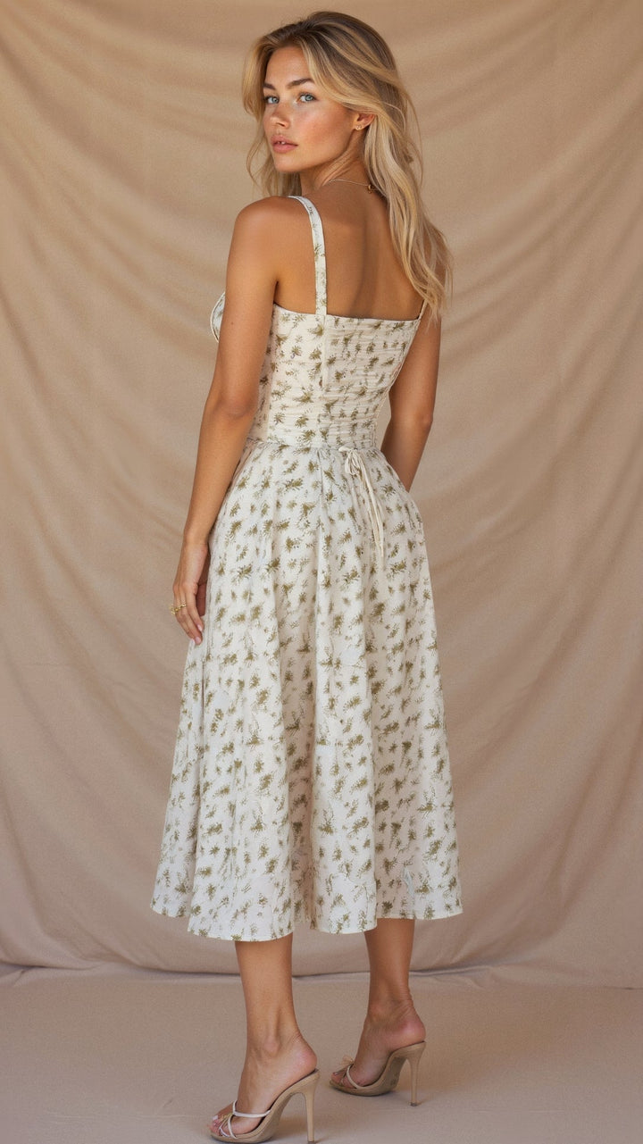 Midi Dress - Tailored Waist, Flowing Skirt