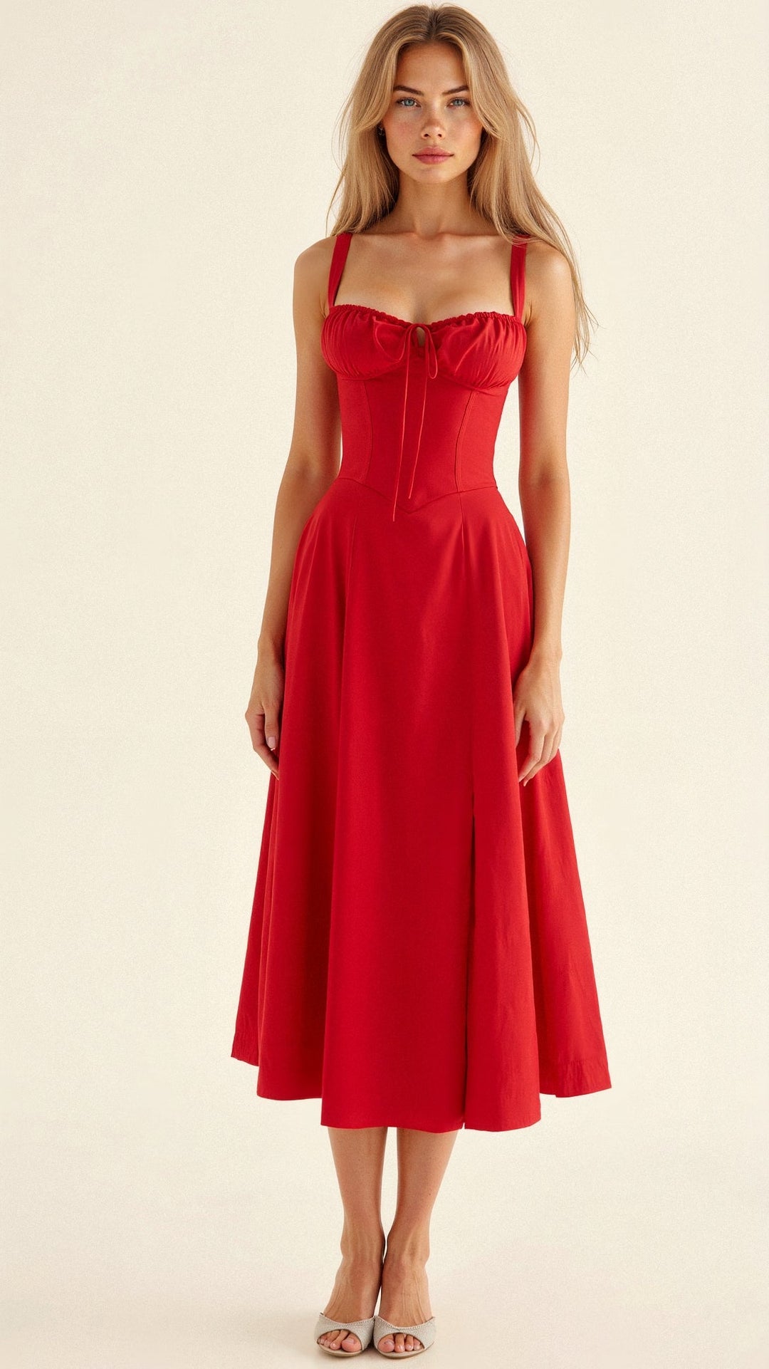 Midi Dress - Tailored Waist, Flowing Skirt
