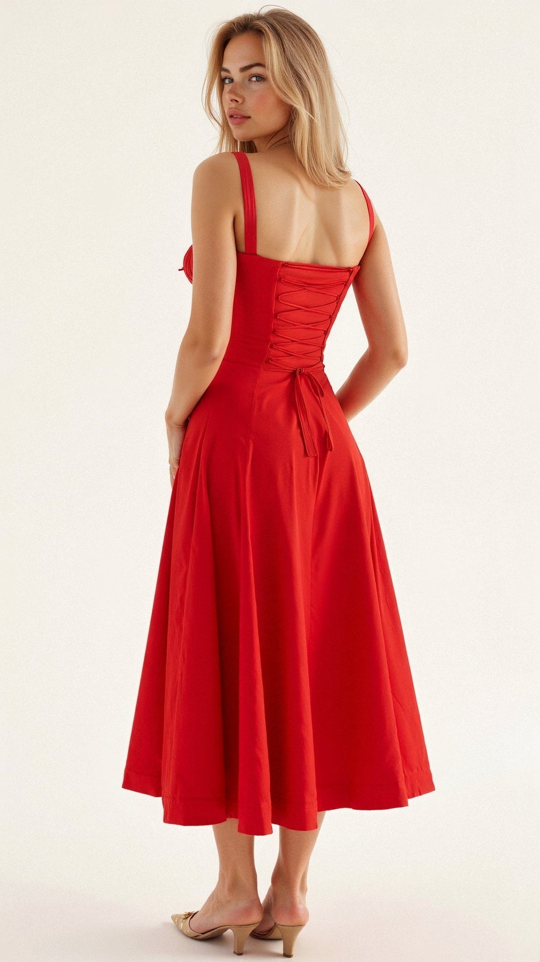 Midi Dress - Tailored Waist, Flowing Skirt