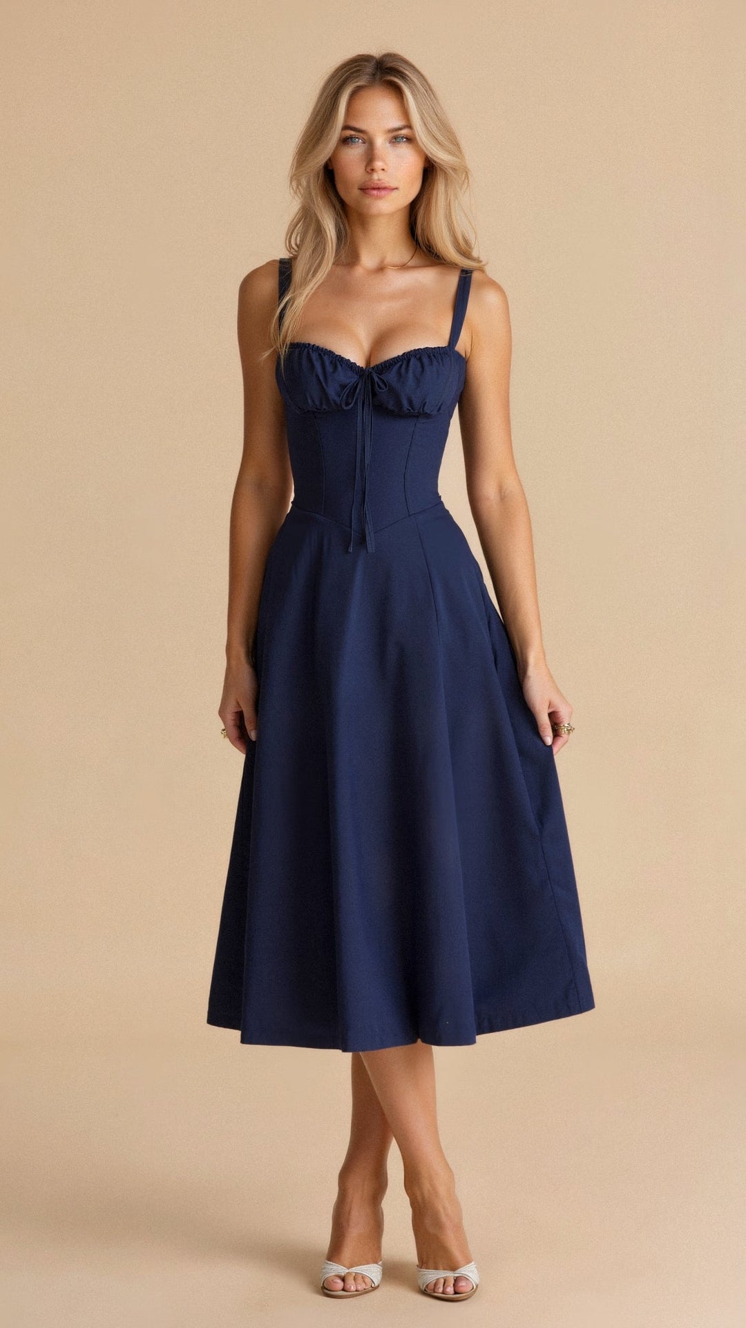 Midi Dress - Tailored Waist, Flowing Skirt