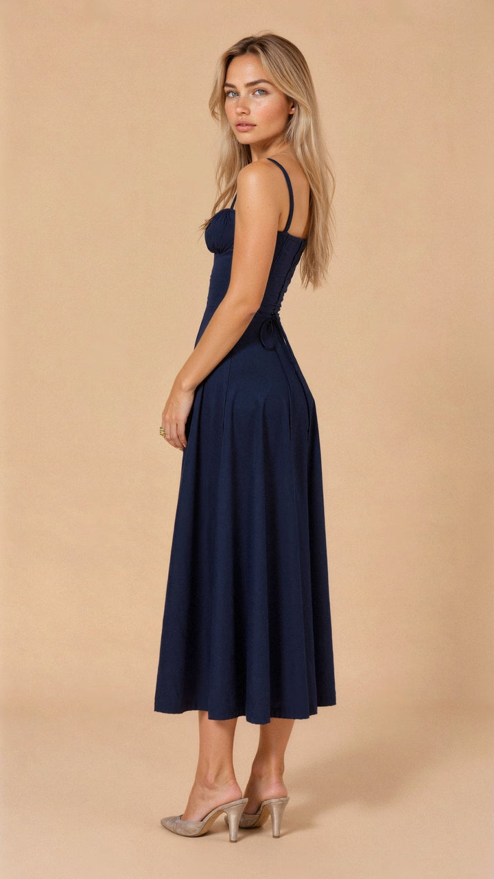 Midi Dress - Tailored Waist, Flowing Skirt