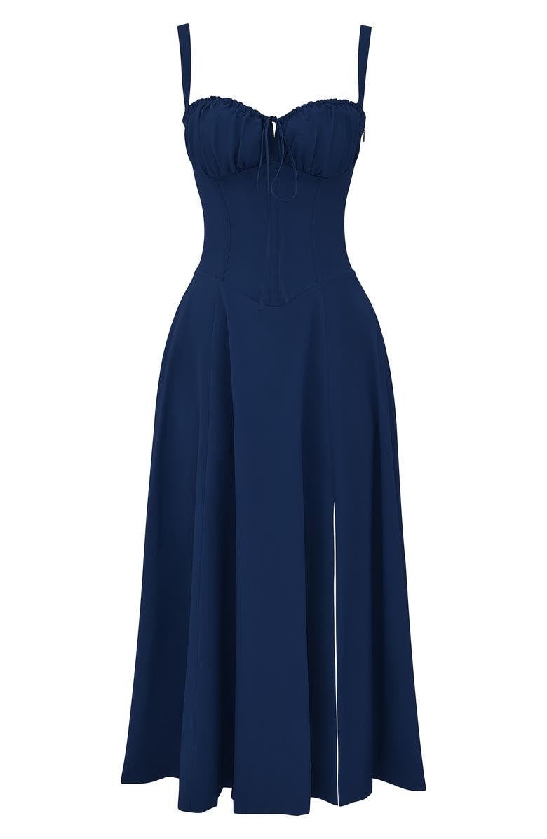 Midi Dress - Tailored Waist, Flowing Skirt