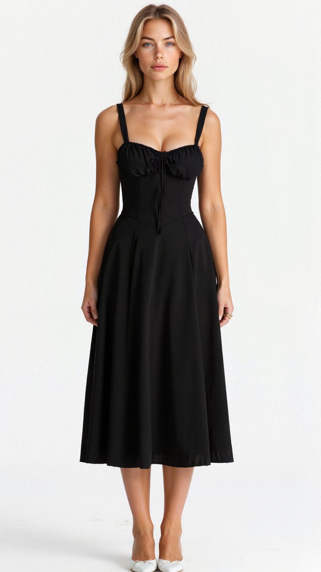 Midi Dress - Tailored Waist, Flowing Skirt