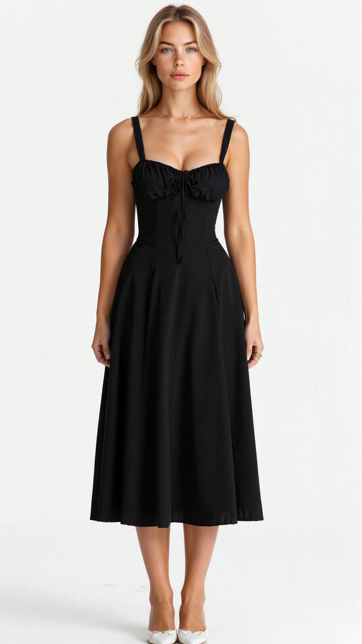 Midi Dress - Tailored Waist, Flowing Skirt