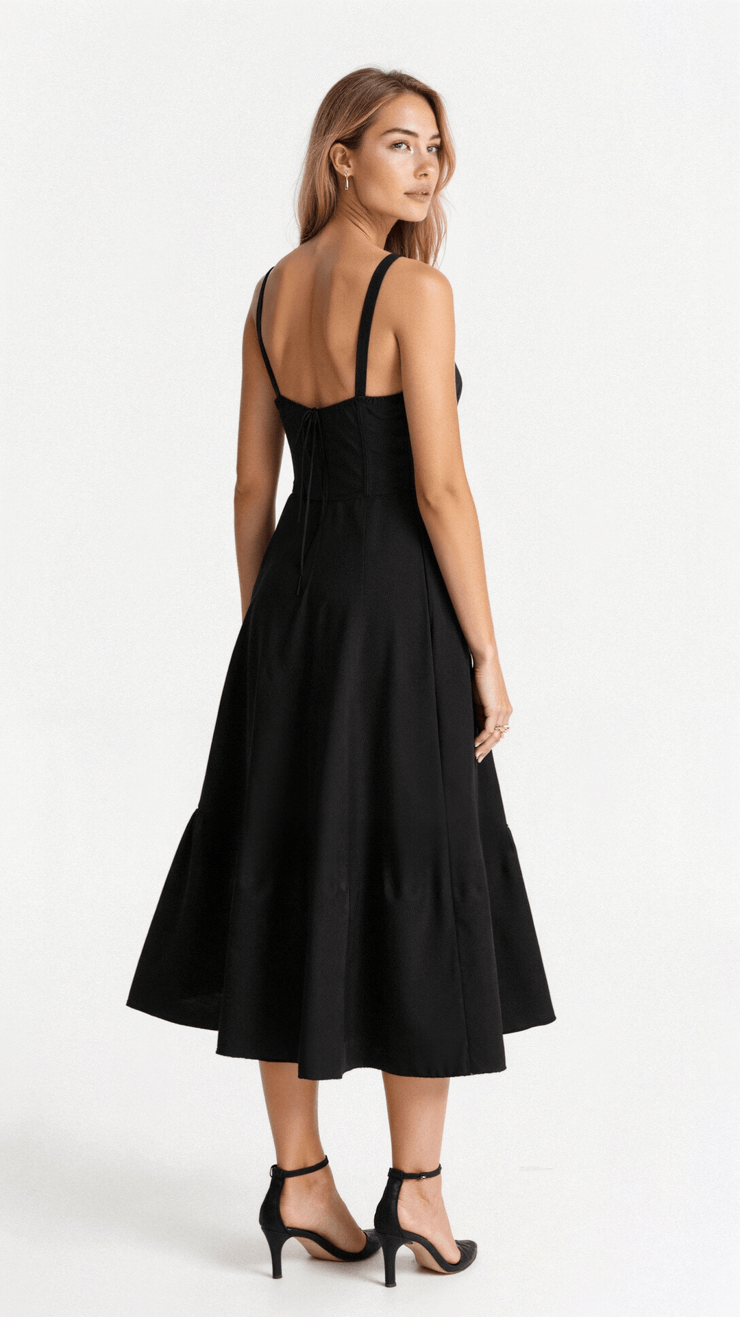 Midi Dress - Tailored Waist, Flowing Skirt
