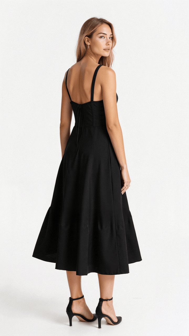 Midi Dress - Tailored Waist, Flowing Skirt