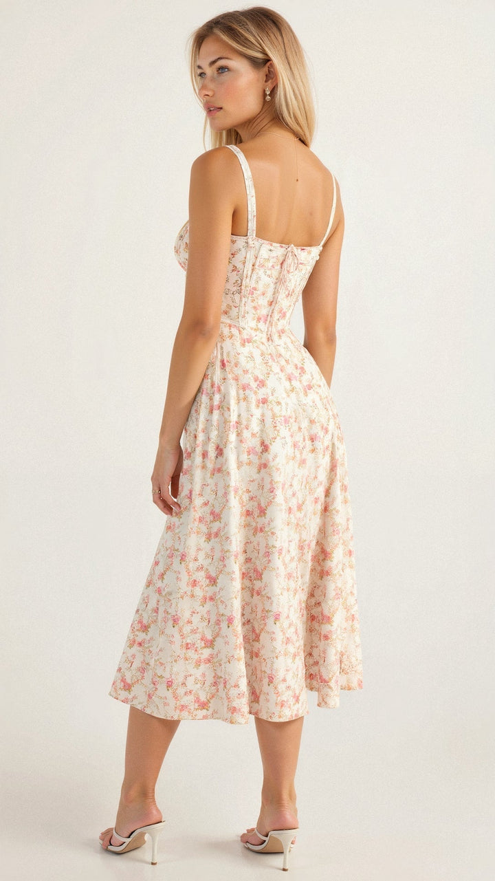 Midi Dress - Tailored Waist, Flowing Skirt