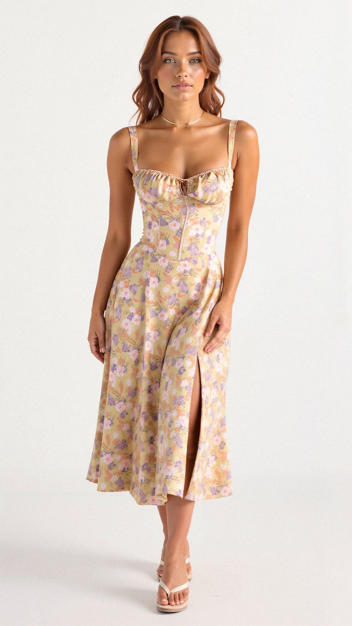 Midi Dress - Tailored Waist, Flowing Skirt