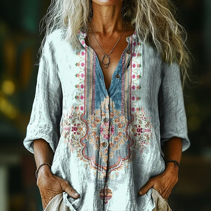 CARLY – THE BOHO PRINTED HENLEY TOP