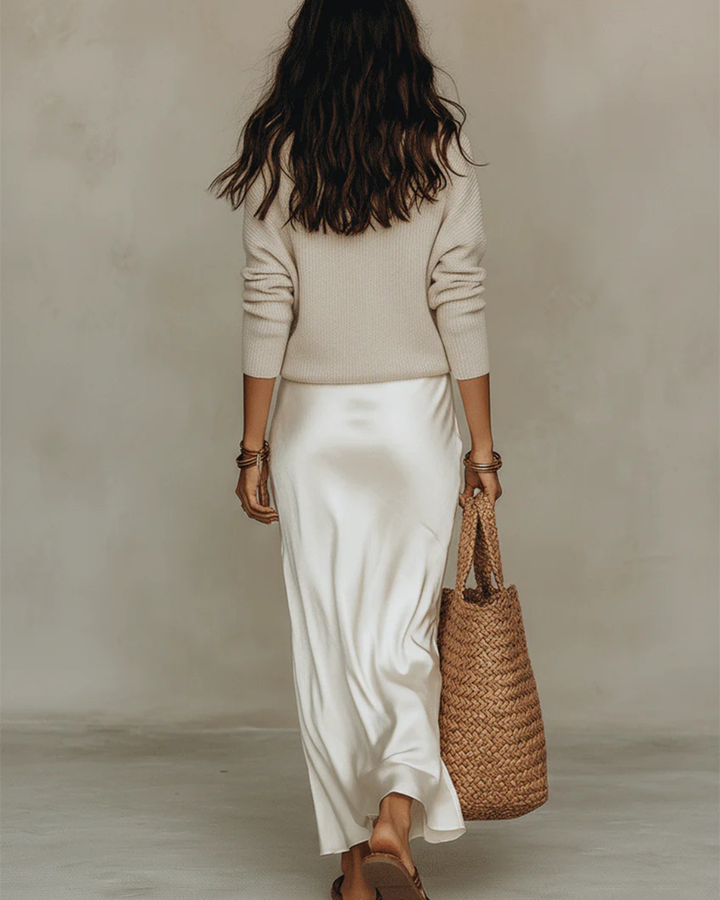Champagne Midi Two-Piece Satin Dress & Knit Sweater Set